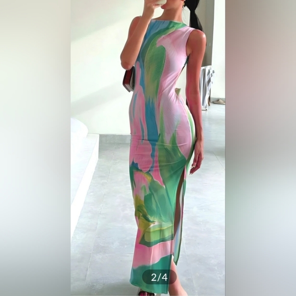 NWT. COMMENSE Monet Garden Print Sleeveless Long Dress. Size L. - Picture 3 of 6